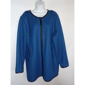 Chico's 3 Wool Blend Blue Faux Leather Trim Zip Up Coat Size X-Large Womens